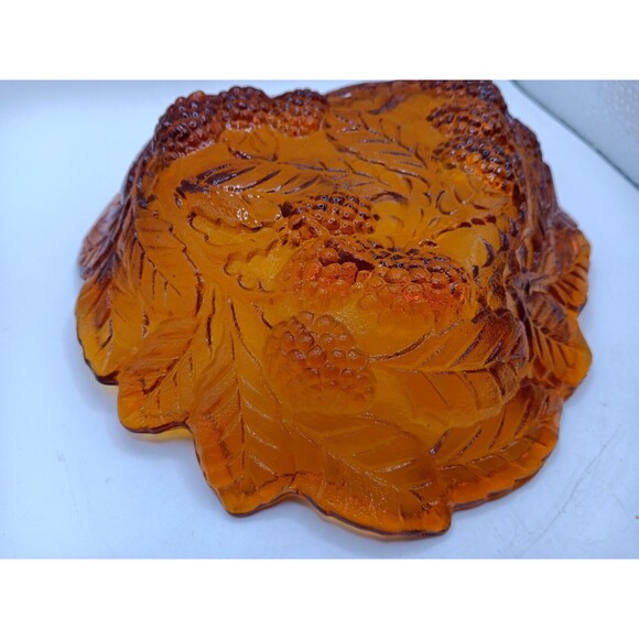 2) Vintage Amber Carnival Glass Candy Dish / Bowls Leaves & Berries Solid Amber - Picture 7 of 9
